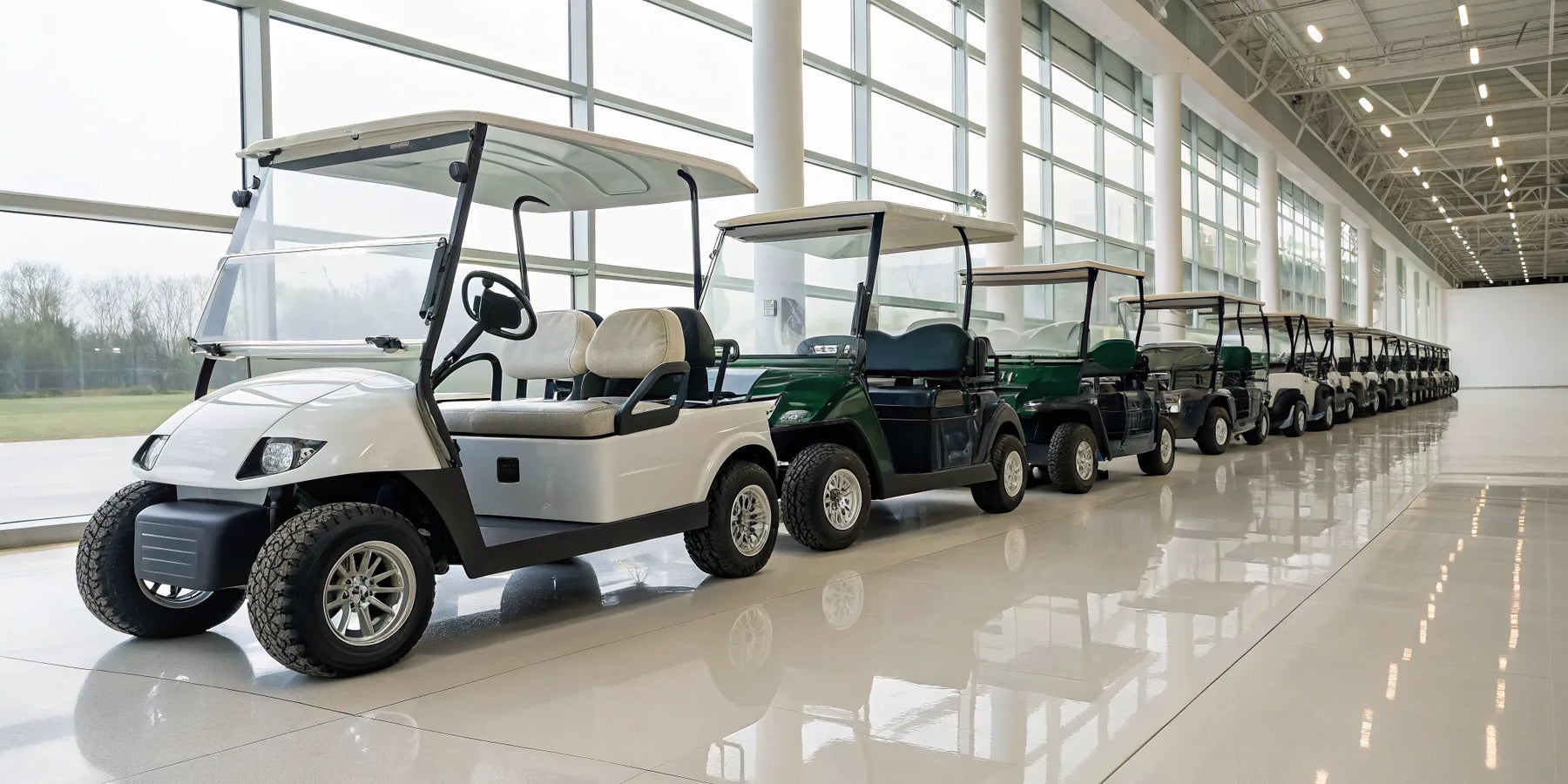 Several 6-seater street legal golf carts for sale in a dealership.