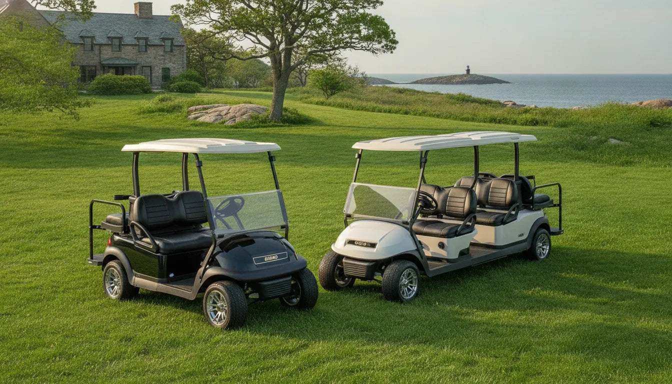 4 passenger golf cart and six-passenger golf cart parked side by side