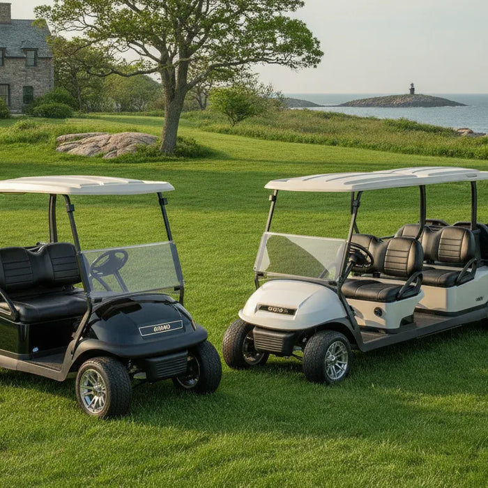 4 passenger golf cart and six-passenger golf cart parked side by side