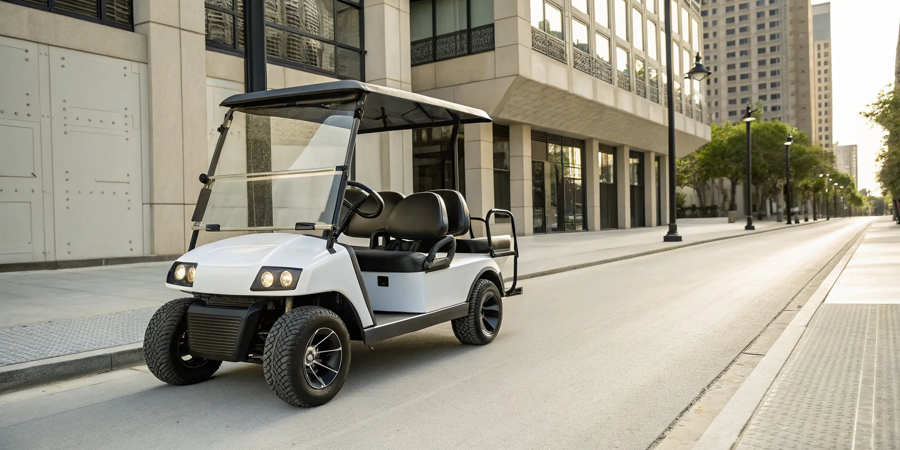 A 4 seater street legal golf cart parked on a city street.