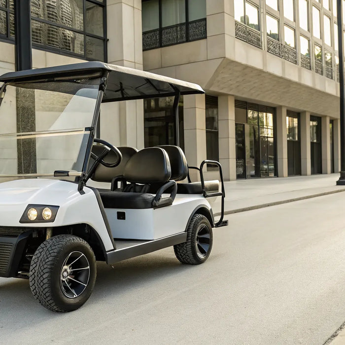 A 4 seater street legal golf cart parked on a city street.