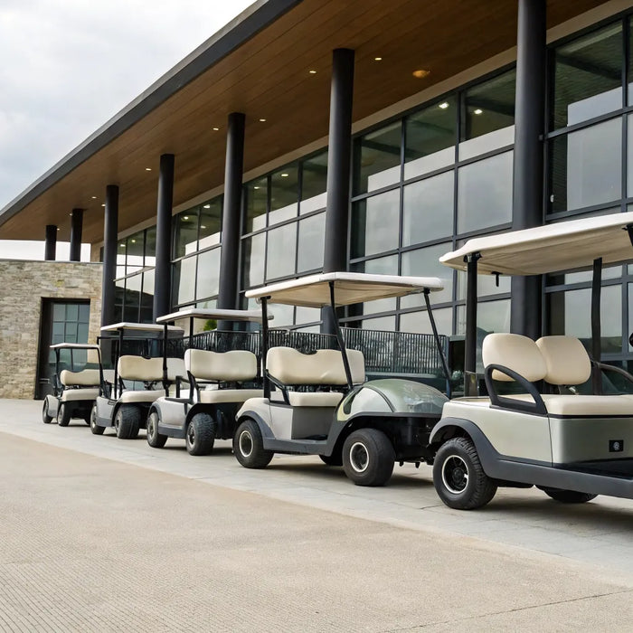 A row of the best 6 seater electric golf carts parked outside a clubhouse.