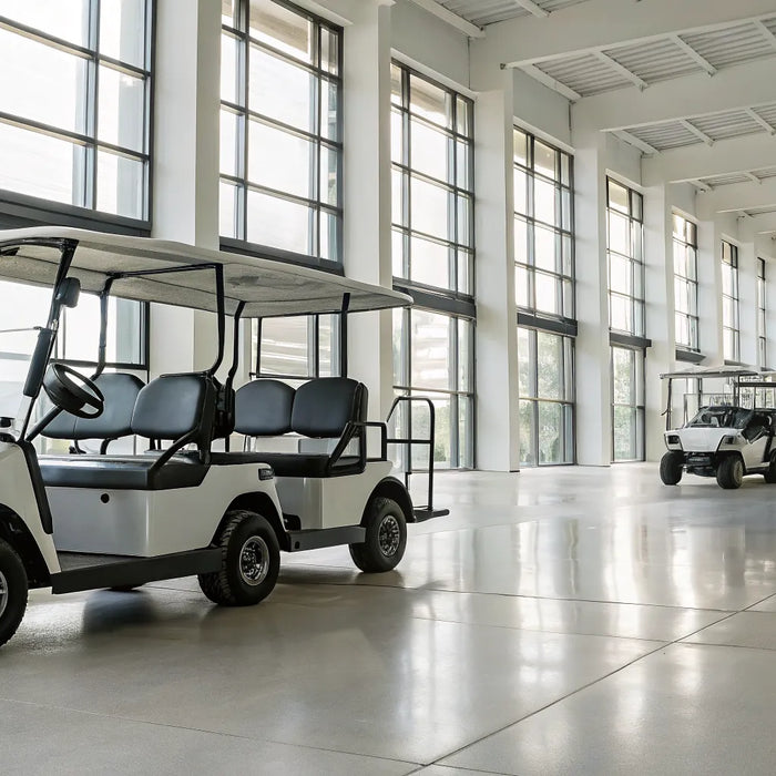 A modern 6-seater golf cart with doors on display in a showroom.