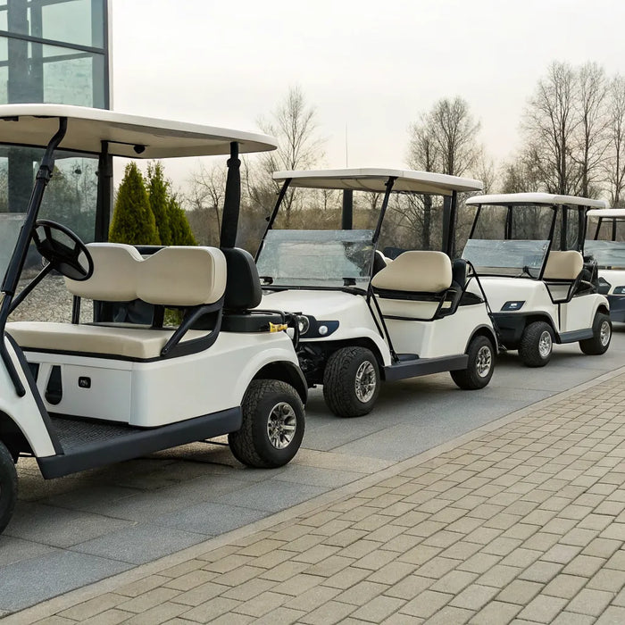 A row of the best 6-seater street-legal golf carts.