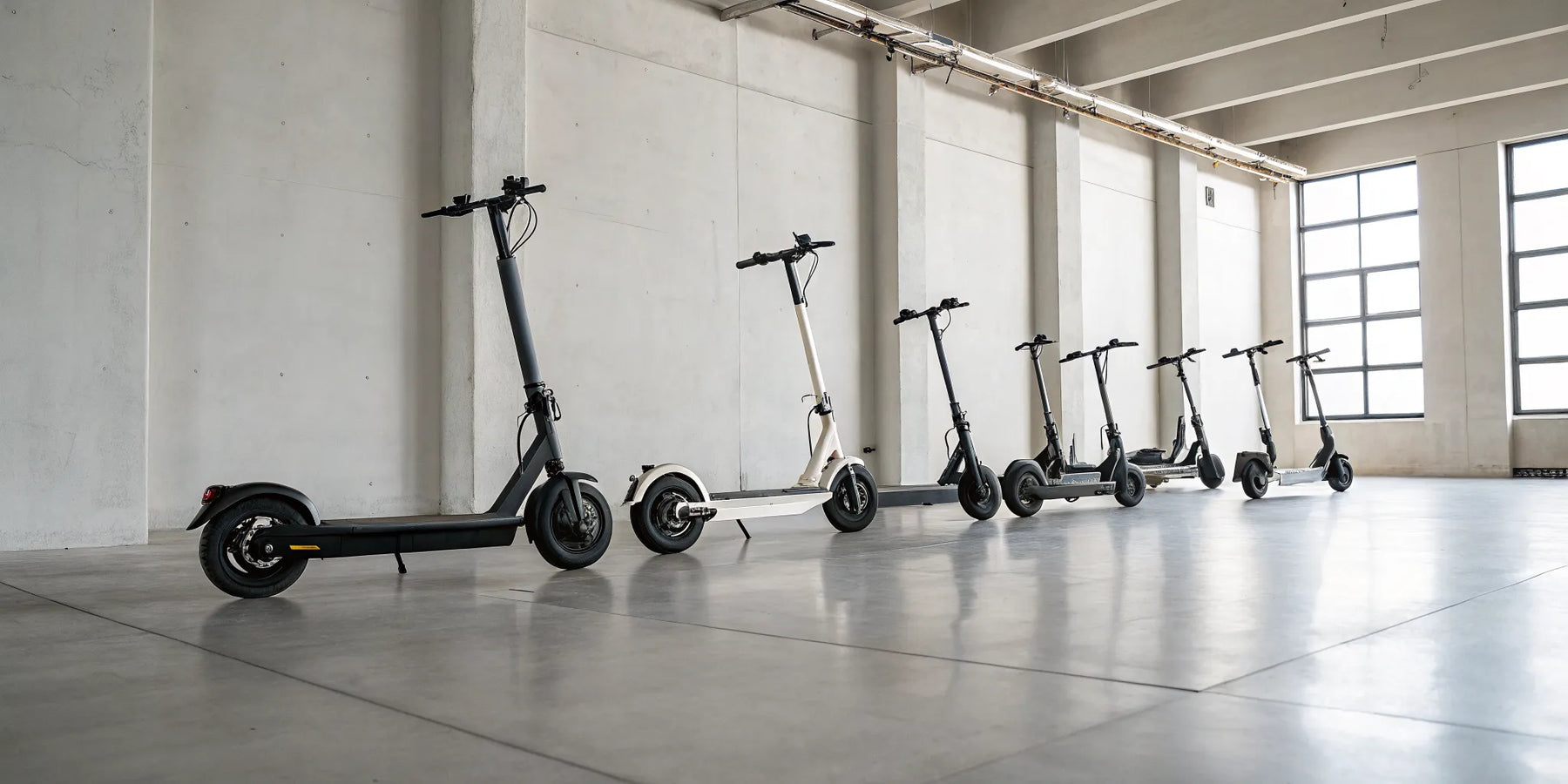 A lineup of different sit down electric scooters for adults.