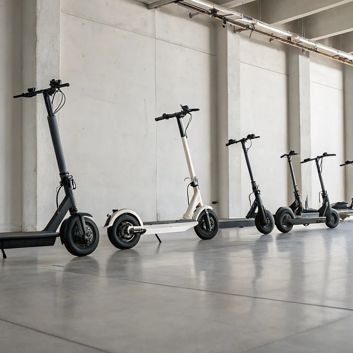 A lineup of different sit down electric scooters for adults.