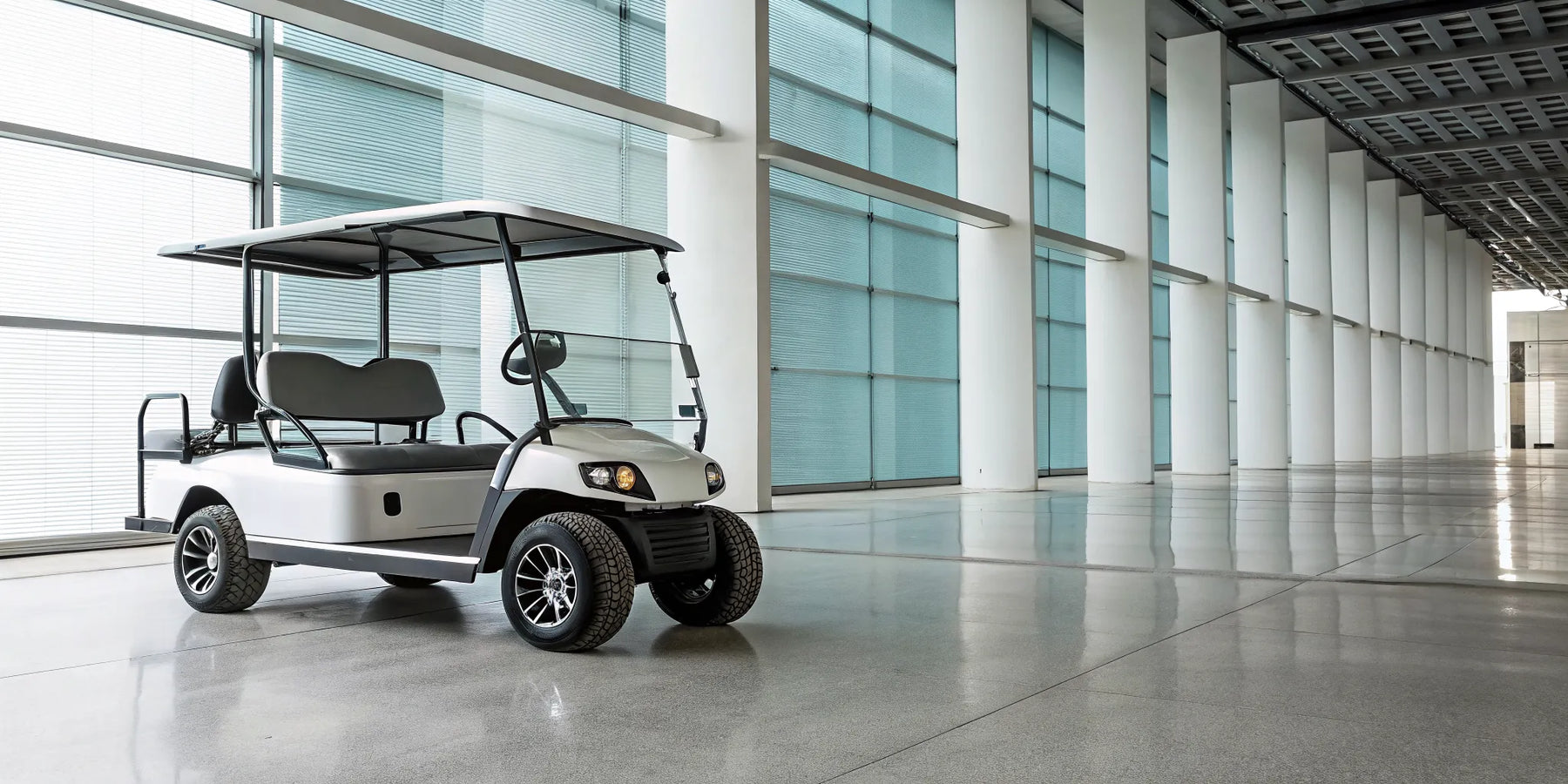 A modern 6 seater golf cart with premium features that determine its price.