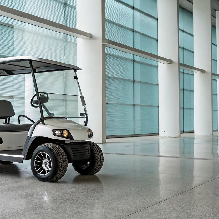 A modern 6 seater golf cart with premium features that determine its price.