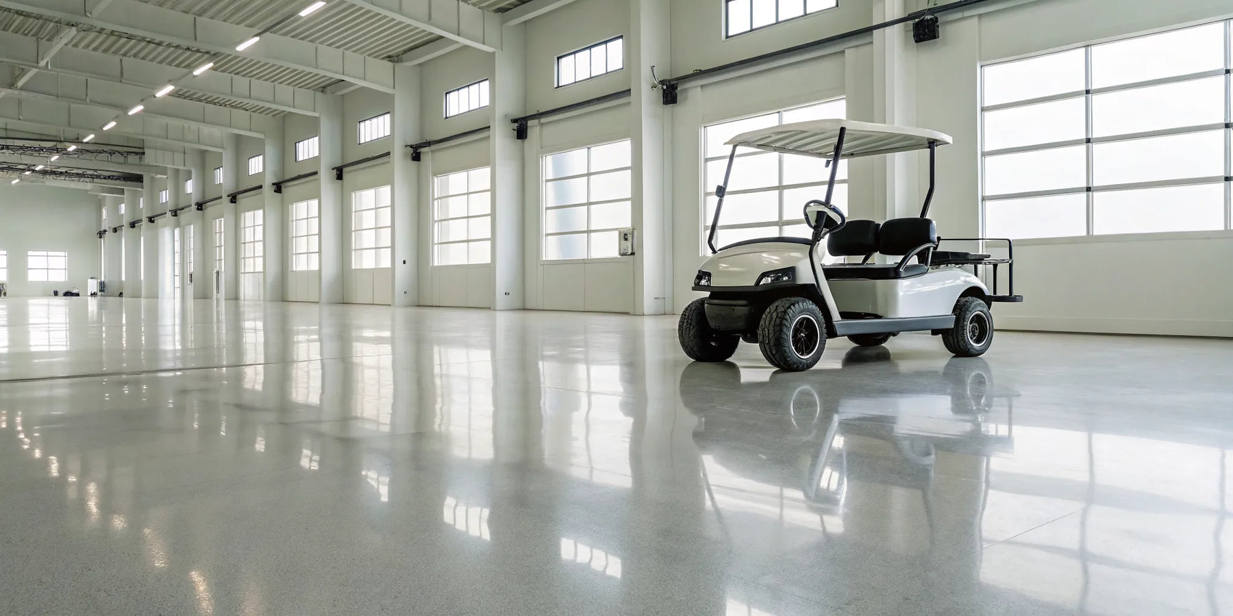 A golf cart in a garage being inspected for common problems.