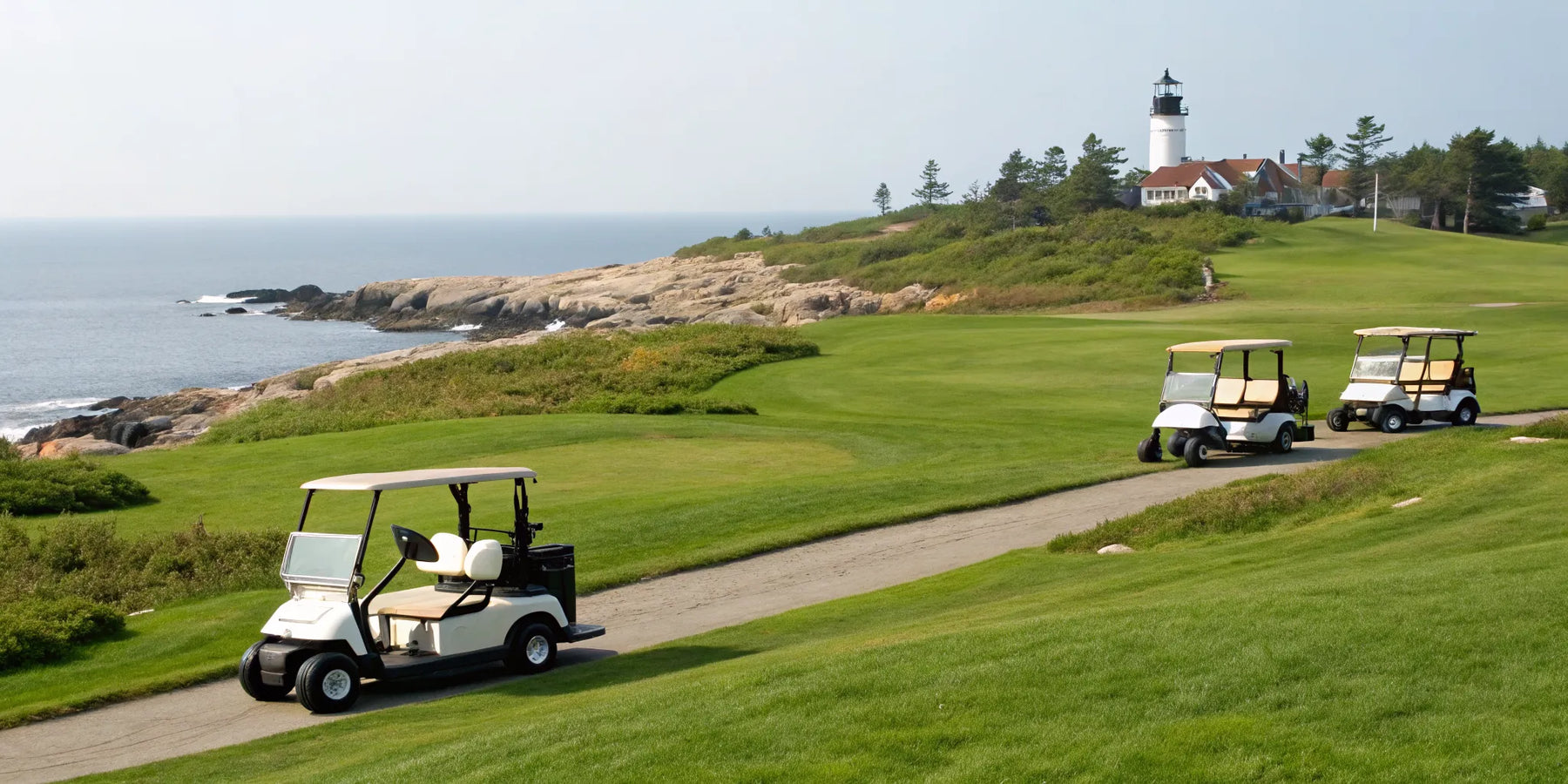 Six-passenger golf carts on a scenic coastal course in Maine with a lighthouse.