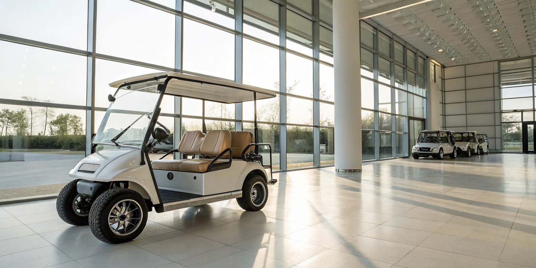 Luxury golf carts for sale in a showroom, featuring premium seating and sleek designs.