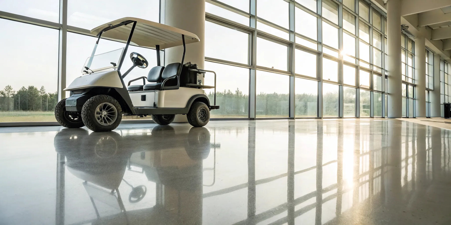 A clean used golf cart in a showroom, ready for a buyer's inspection.