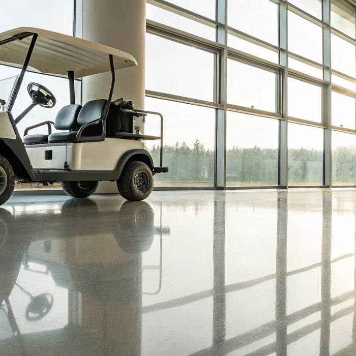 A clean used golf cart in a showroom, ready for a buyer's inspection.