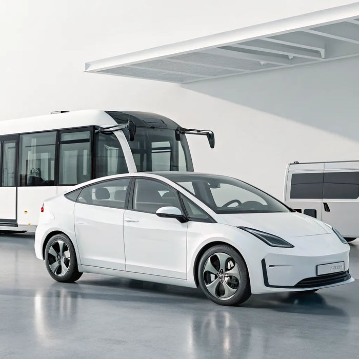 A variety of electric transportation vehicles including a scooter, car, van, and bus.