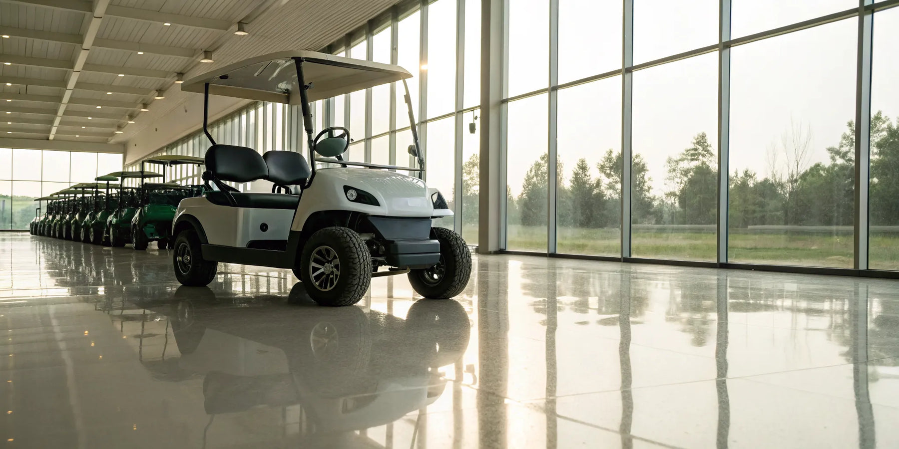 A wide selection of new golf carts for sale inside a golf cart dealers showroom.
