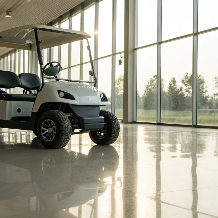 A wide selection of new golf carts for sale inside a golf cart dealers showroom.