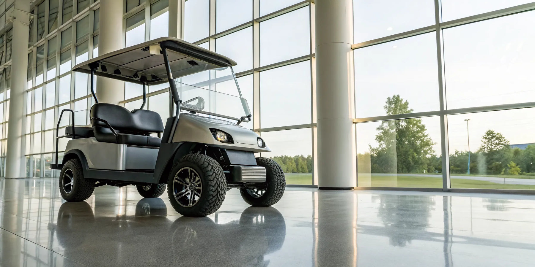 A modern refurbished golf cart for sale with upgraded features.