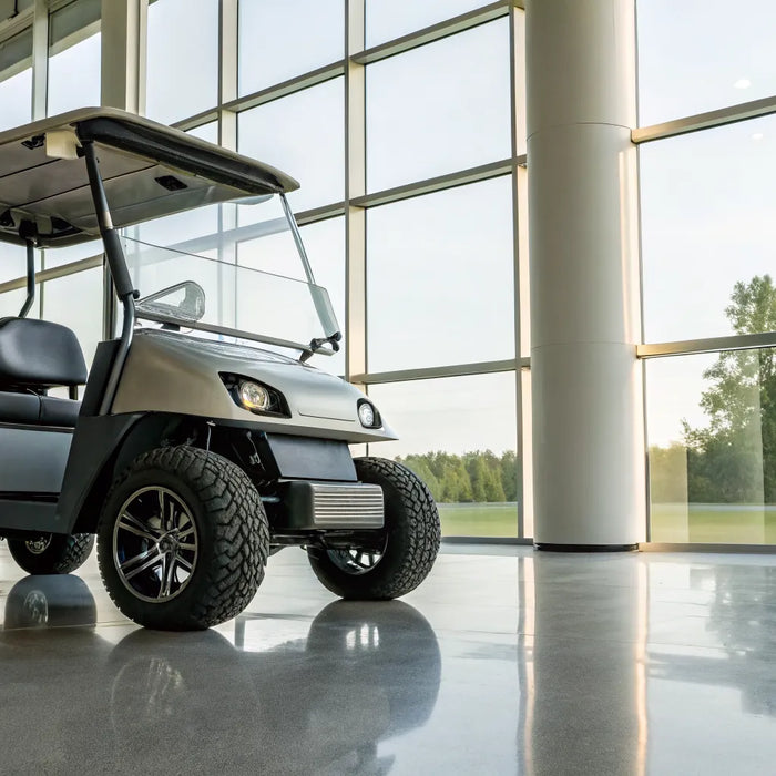 A modern refurbished golf cart for sale with upgraded features.