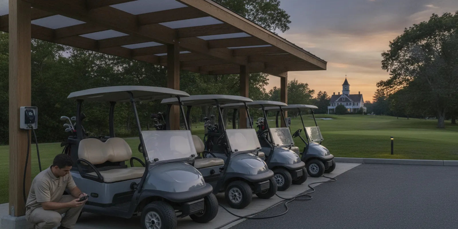 Rental golf carts charging in a neat row at a New England venue