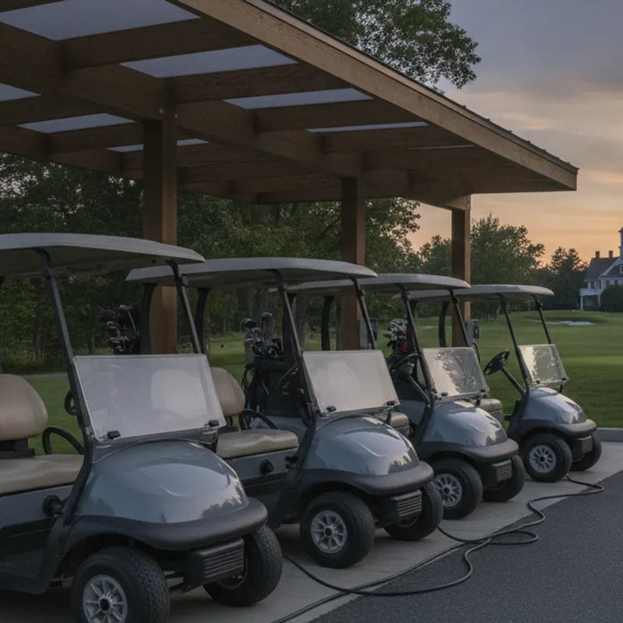 Rental golf carts charging in a neat row at a New England venue