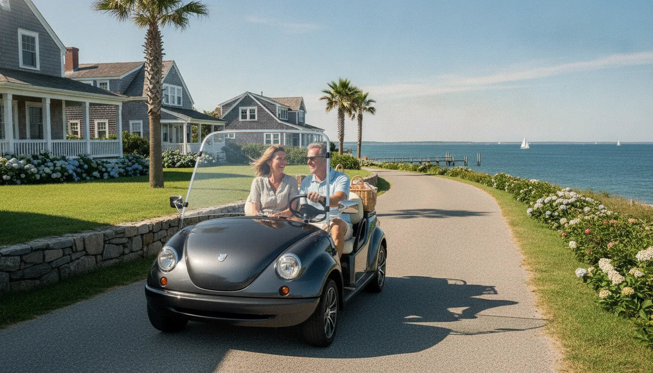 Adult couple driving a modern neighborhood electric vehicle on a scenic New England coastal road