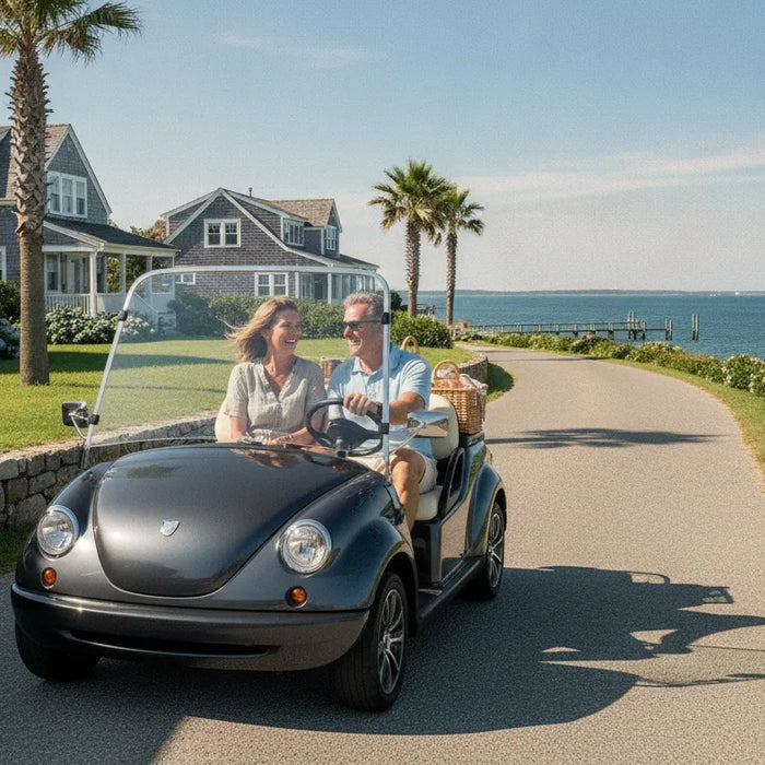 Adult couple driving a modern neighborhood electric vehicle on a scenic New England coastal road