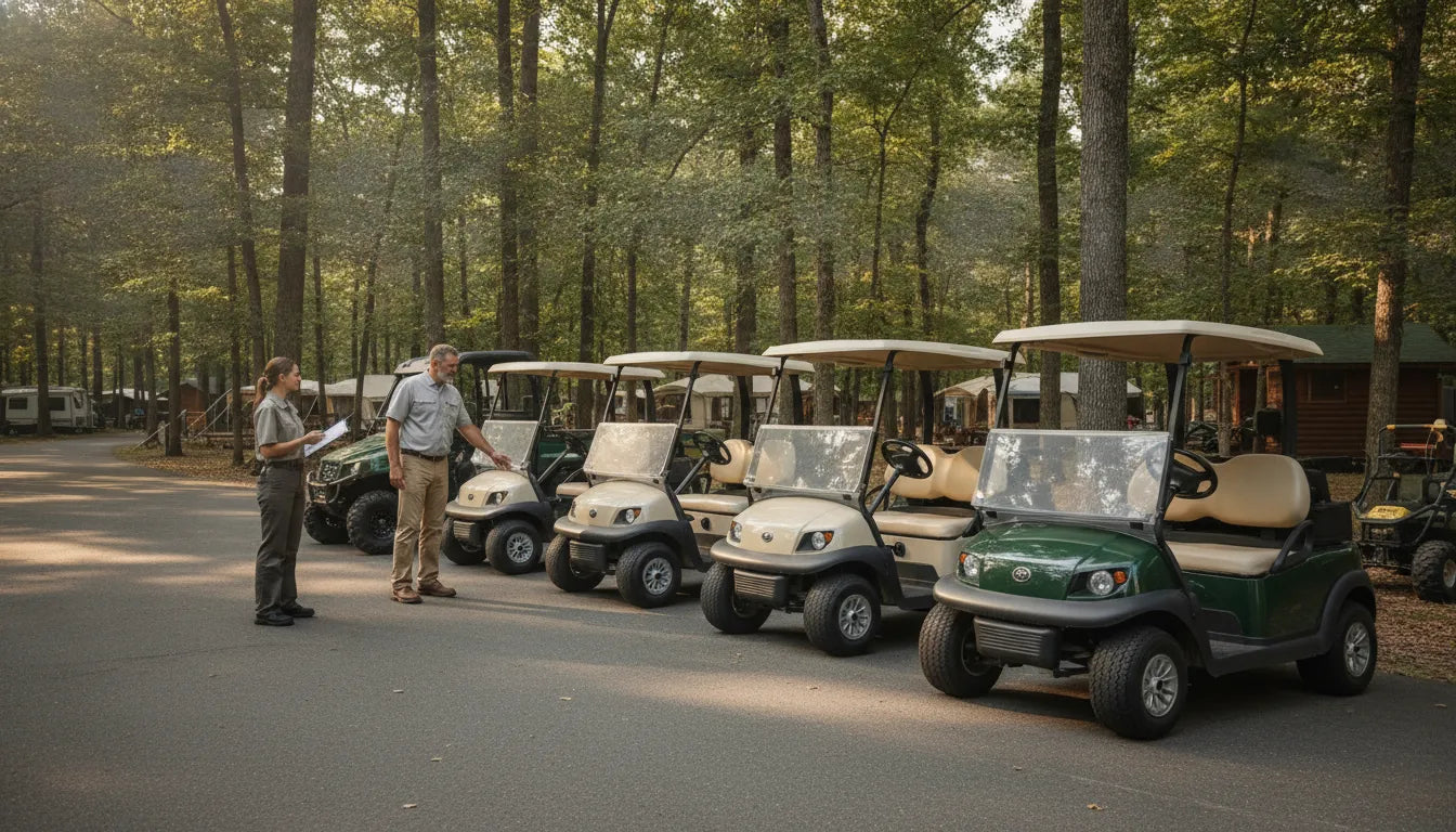 Golf cart rental fleet at a New England resort property