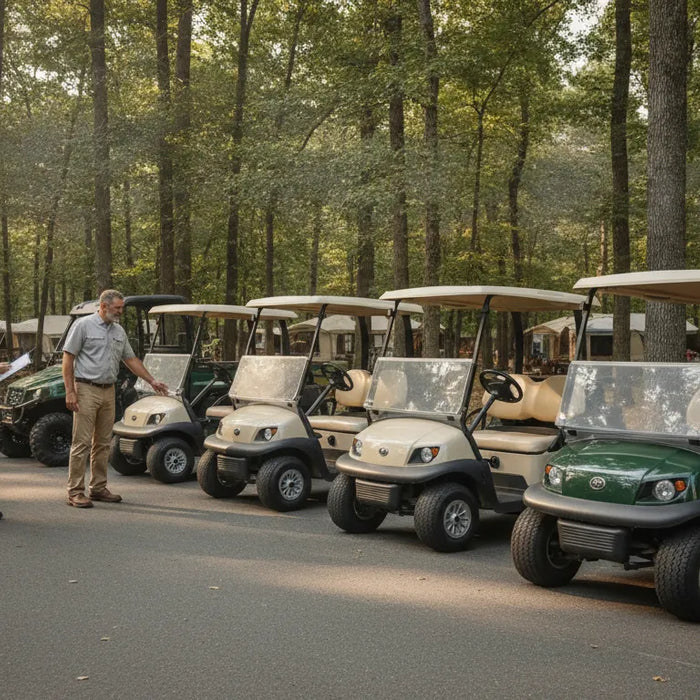 Golf cart rental fleet at a New England resort property