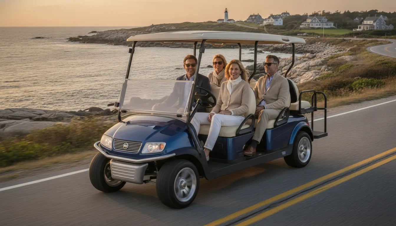 Luxury 6 seater golf cart traveling along a scenic New England coast