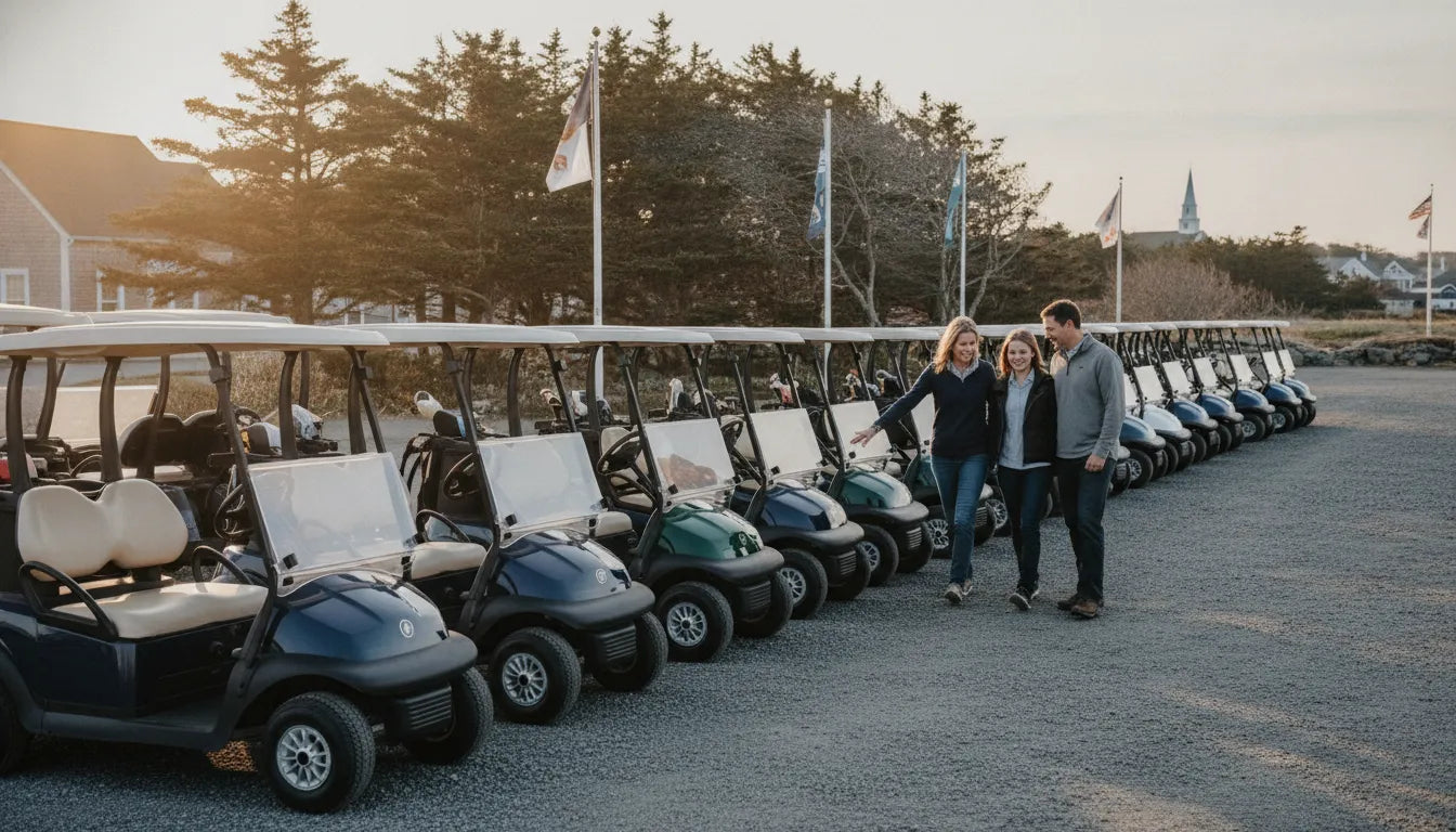 A family inspecting clean pre-owned electric golf carts on the lot of a New England dealer