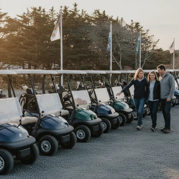 A family inspecting clean pre-owned electric golf carts on the lot of a New England dealer