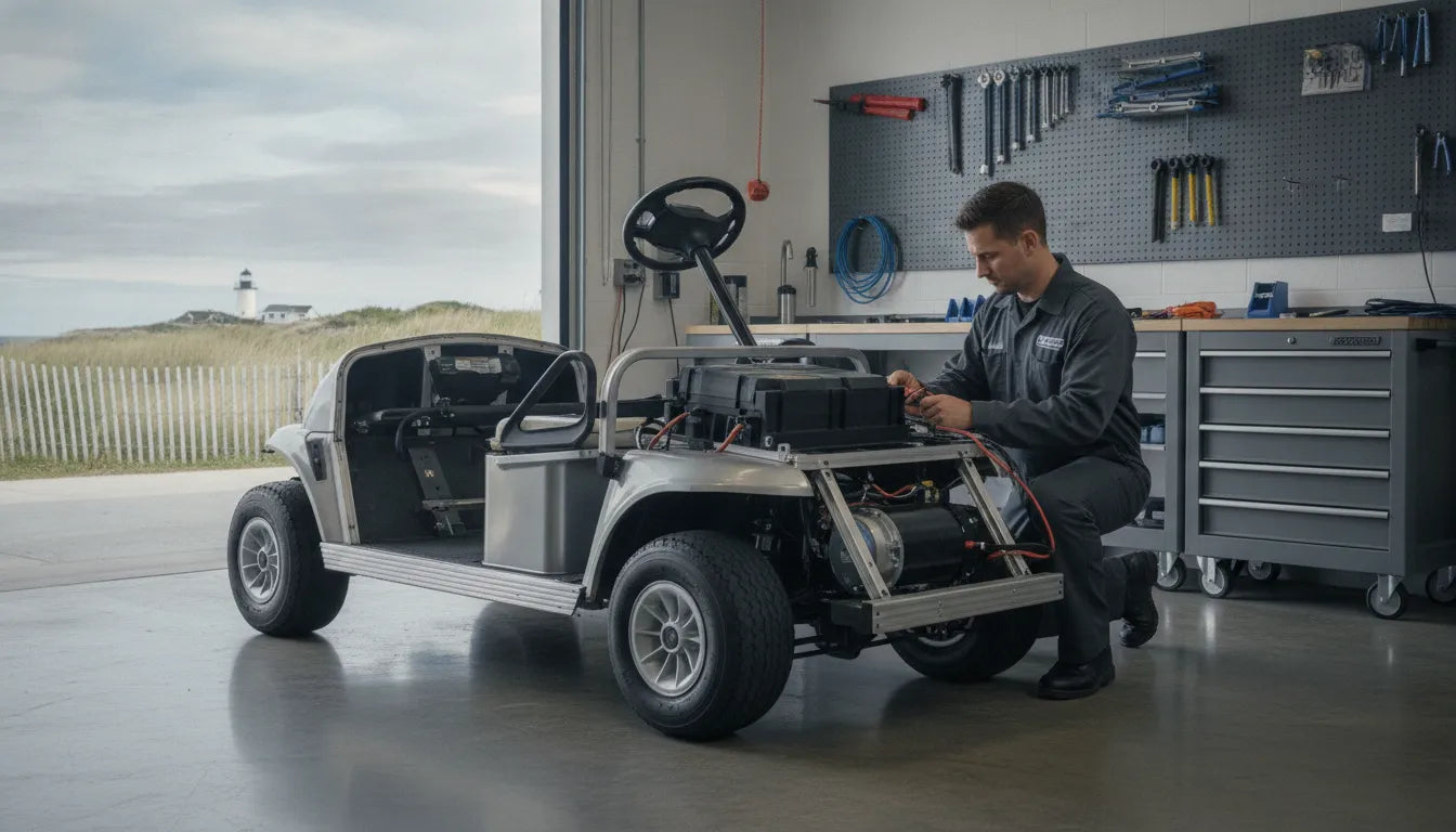 Technician inspecting a refurbished golf cart in a New England service bay