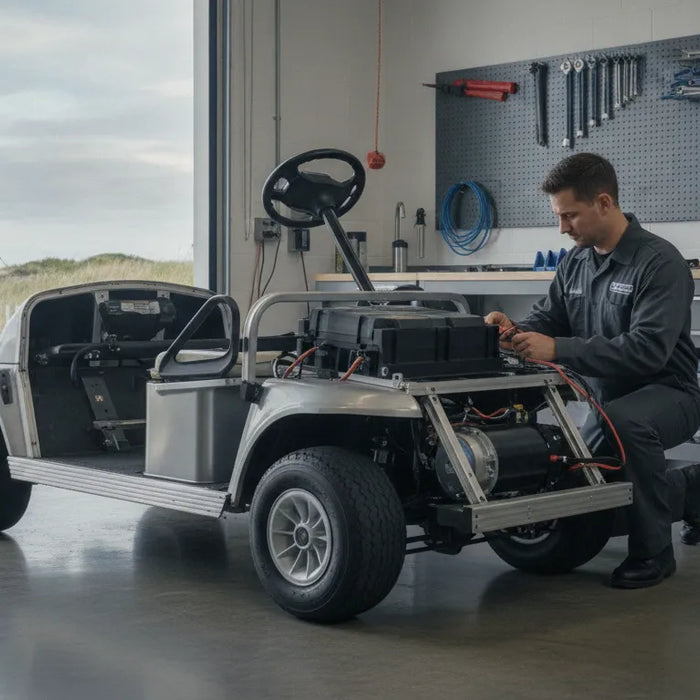 Technician inspecting a refurbished golf cart in a New England service bay