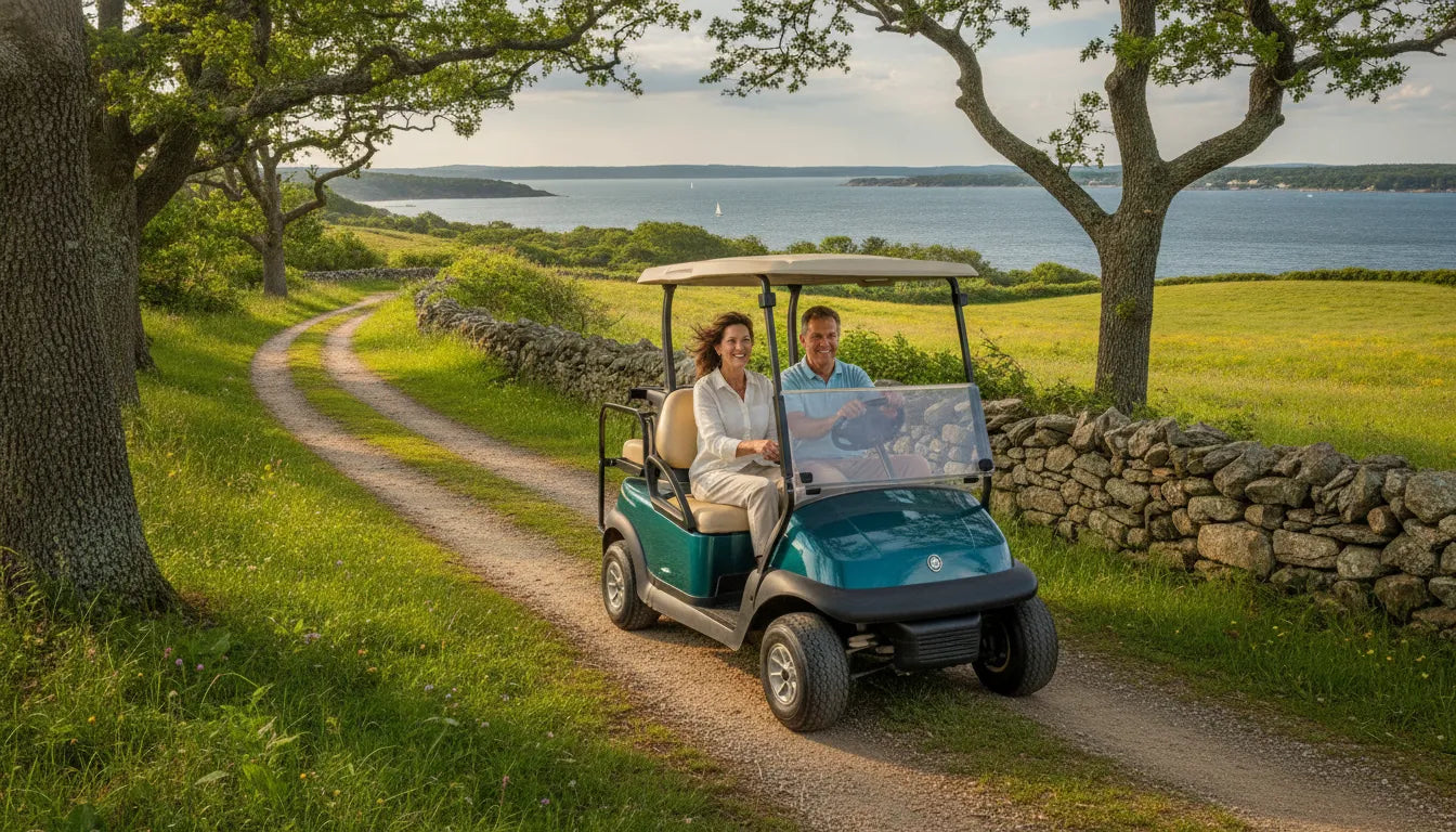 Used gas golf cart climbing a New England hillside