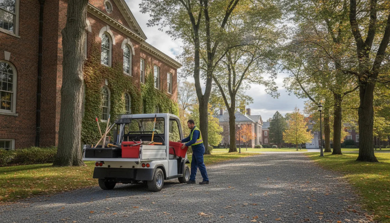 Electric utility vehicle at a New England commercial property