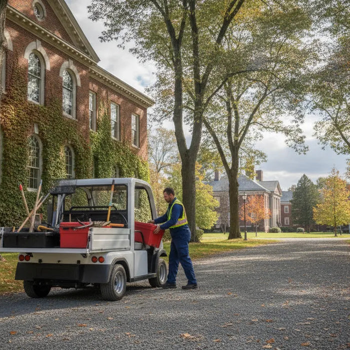 Electric utility vehicle at a New England commercial property