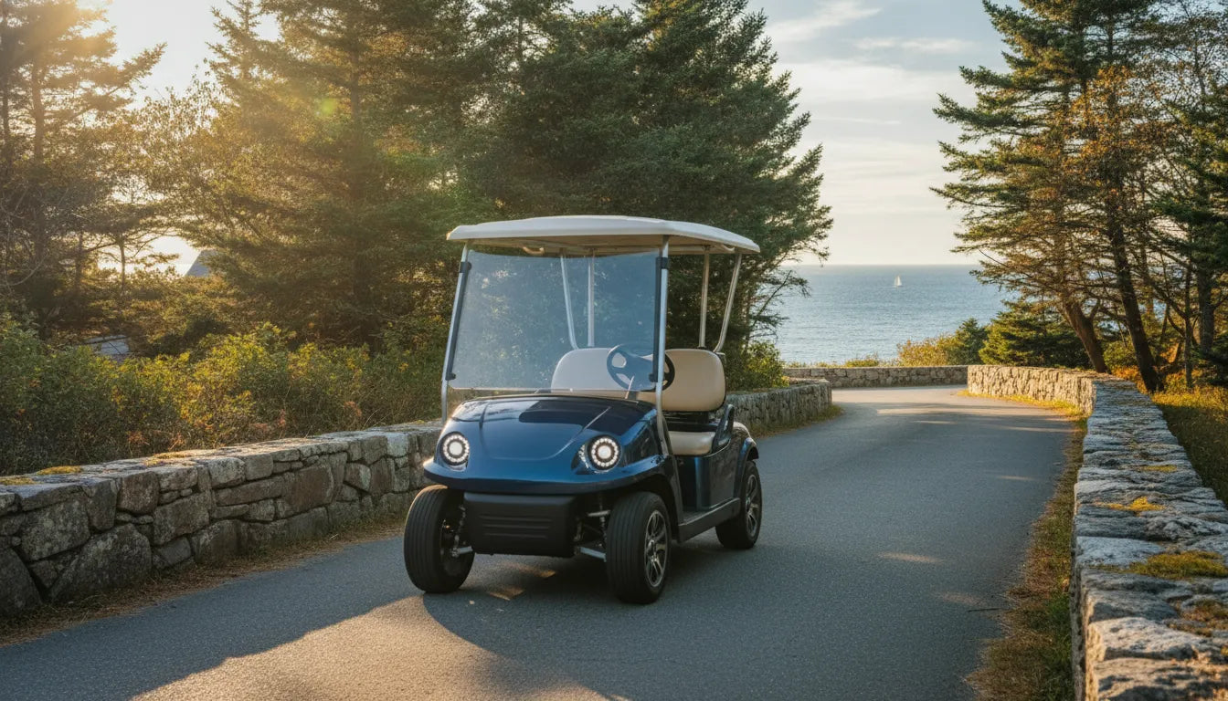 Street-ready low-speed vehicle on a New England coastal road
