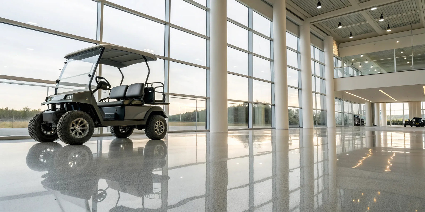 Used custom golf cart for sale in a modern showroom.