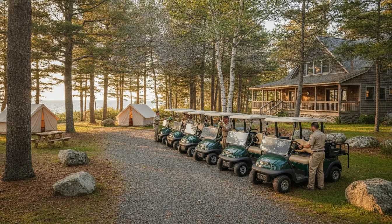 Golf cart rental fleet staged at a New England campground