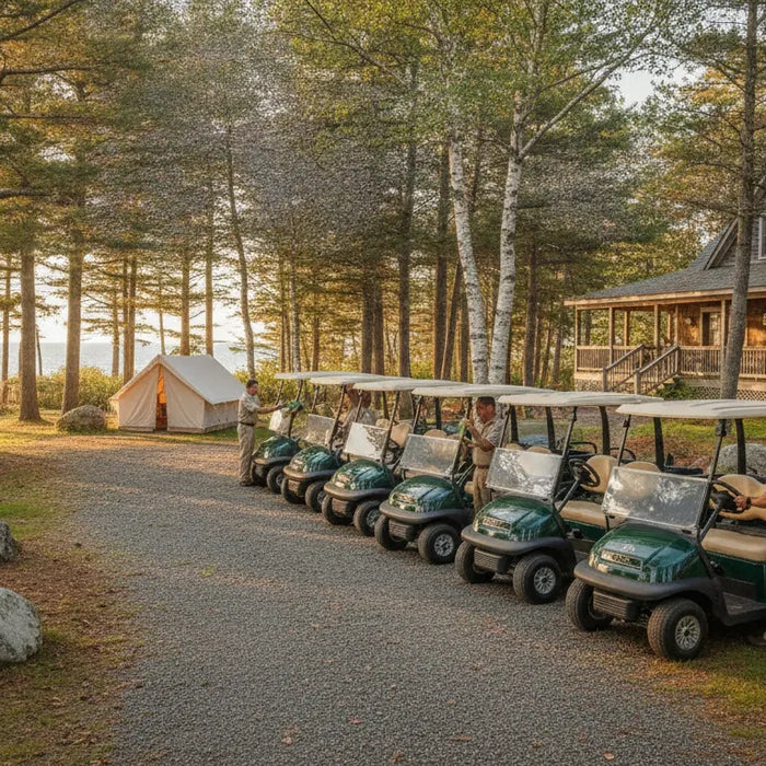 Golf cart rental fleet staged at a New England campground