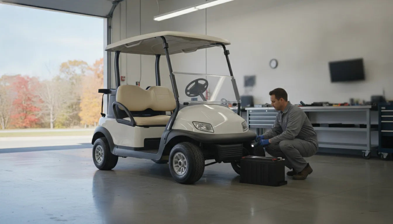 Technician inspecting a certified pre-owned electric golf cart