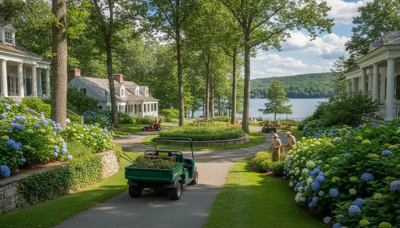 Commercial utility vehicle working on a landscaped New England campus
