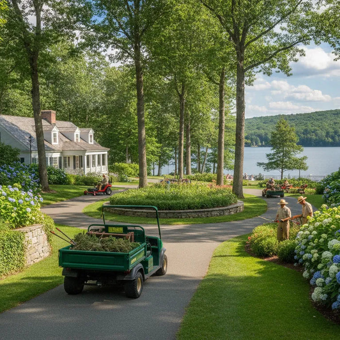 Commercial utility vehicle working on a landscaped New England campus