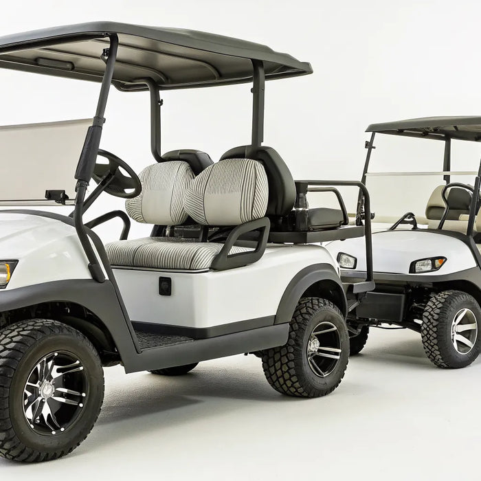 A white, lifted Club Car golf cart with multiple seats for personal and recreational use.
