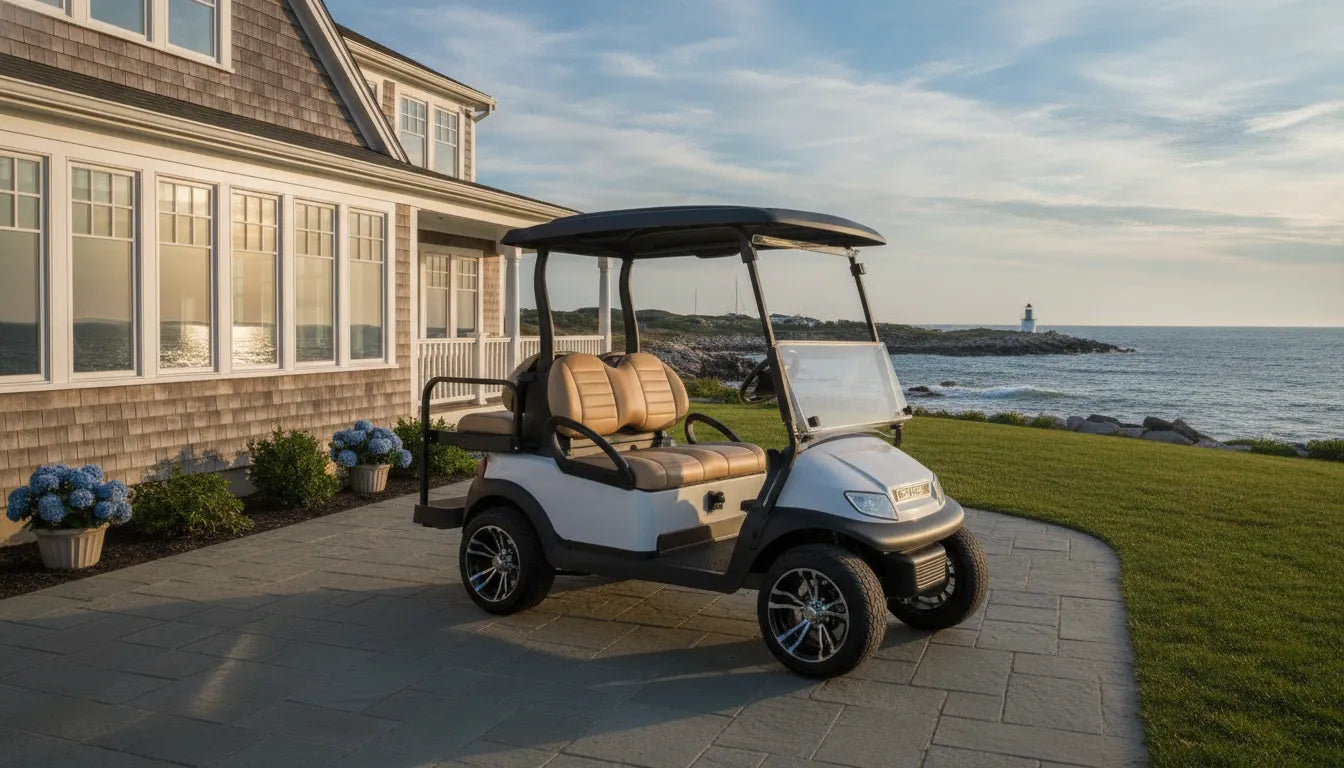Club Car Onward golf cart near a New England coastal home