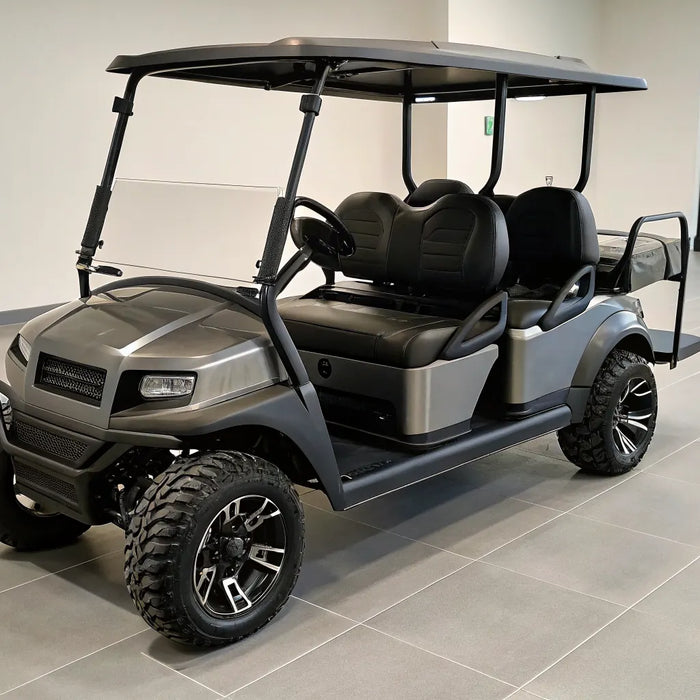 Lifted Club Car Onward with premium wheels and custom seats, features that affect the car price.