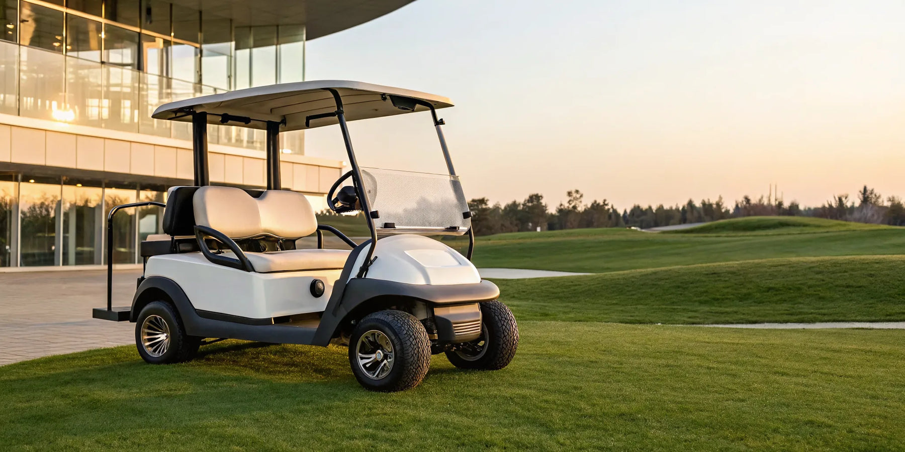 Club Car Precedent golf cart parked on grass near a modern clubhouse at sunset.