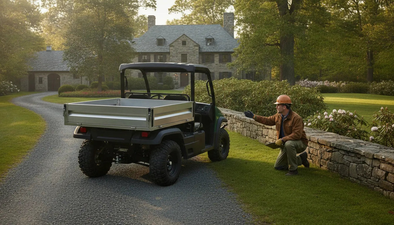 Commercial Club Car utility vehicle with cargo bed on a New England estate