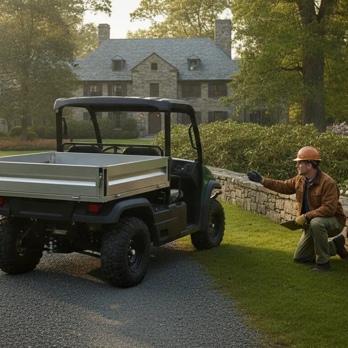 Commercial Club Car utility vehicle with cargo bed on a New England estate