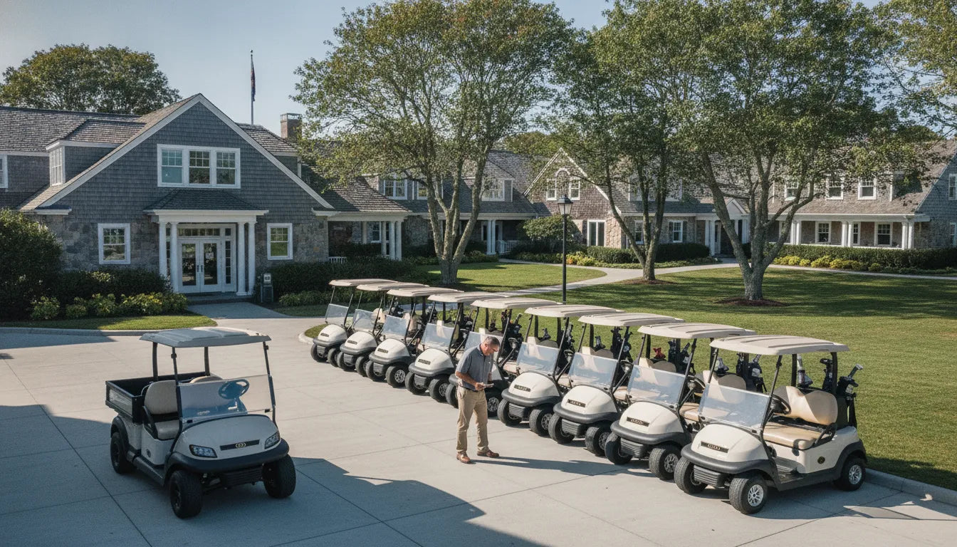 Electric golf carts and a utility cart staged beside a New England commercial property